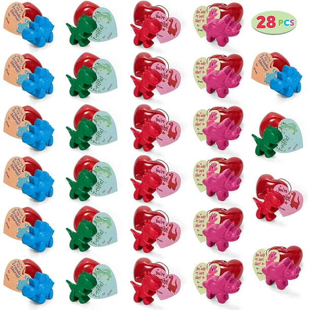 Classroom Exchange Prizes and Valentine’s Greeting Cards 28 Pack Valentines Cards and Colorful Dinosaur Crayons for Kids Valentine Gifts